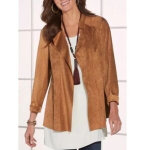Soft Surroundings Draped Shape Faux Suede Jacket Cognac Sz Small Lagenlook Y2K